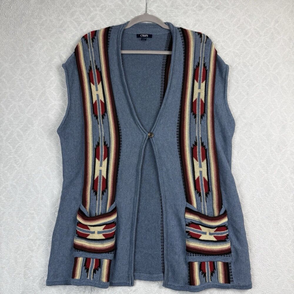 Ralph Lauren Chaps Sweater Vest Womens 1X Blue Aztec Southwestern Navajo Boho